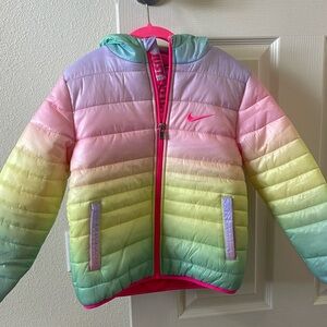 Kids Nike puffer jacket, Size 6-7, rainbow color, fleece lined, EUC